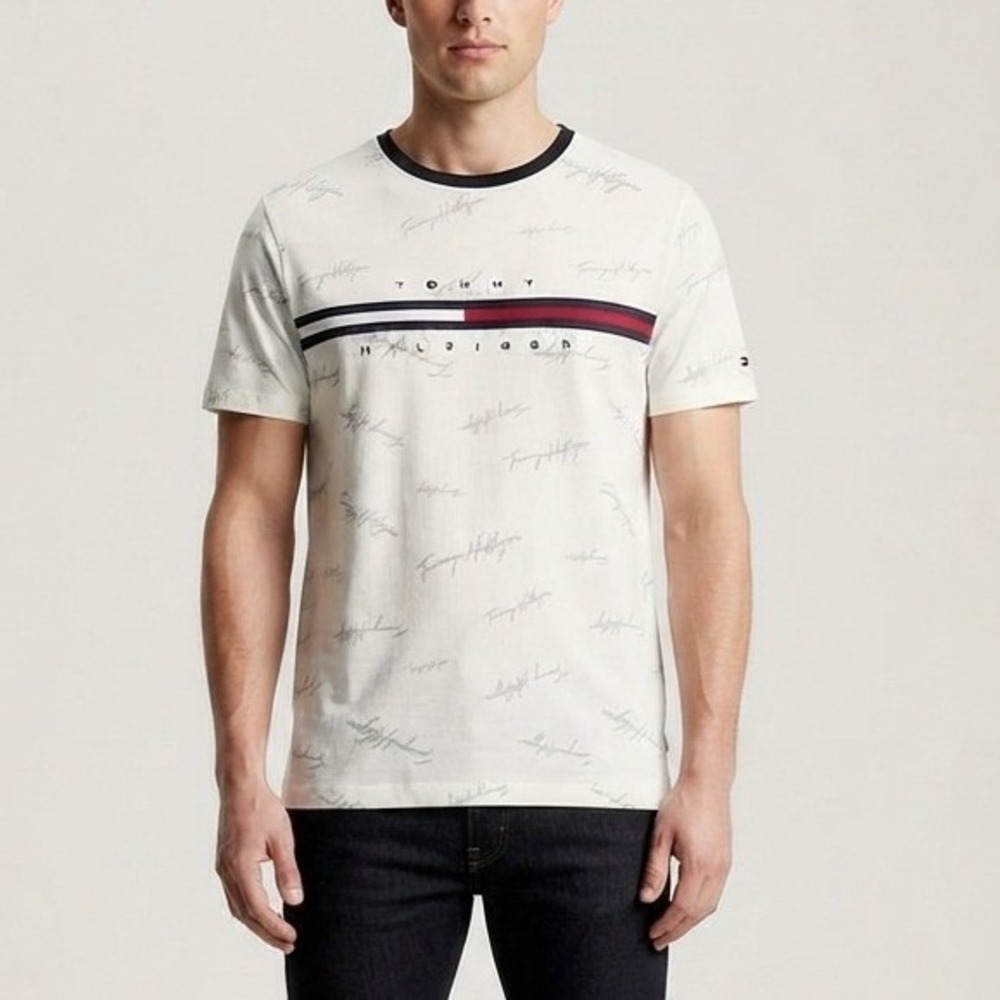 Tommy Hilfiger Mens XL T-Shirt All Over Script Logo Stripe Crew Neck Gray